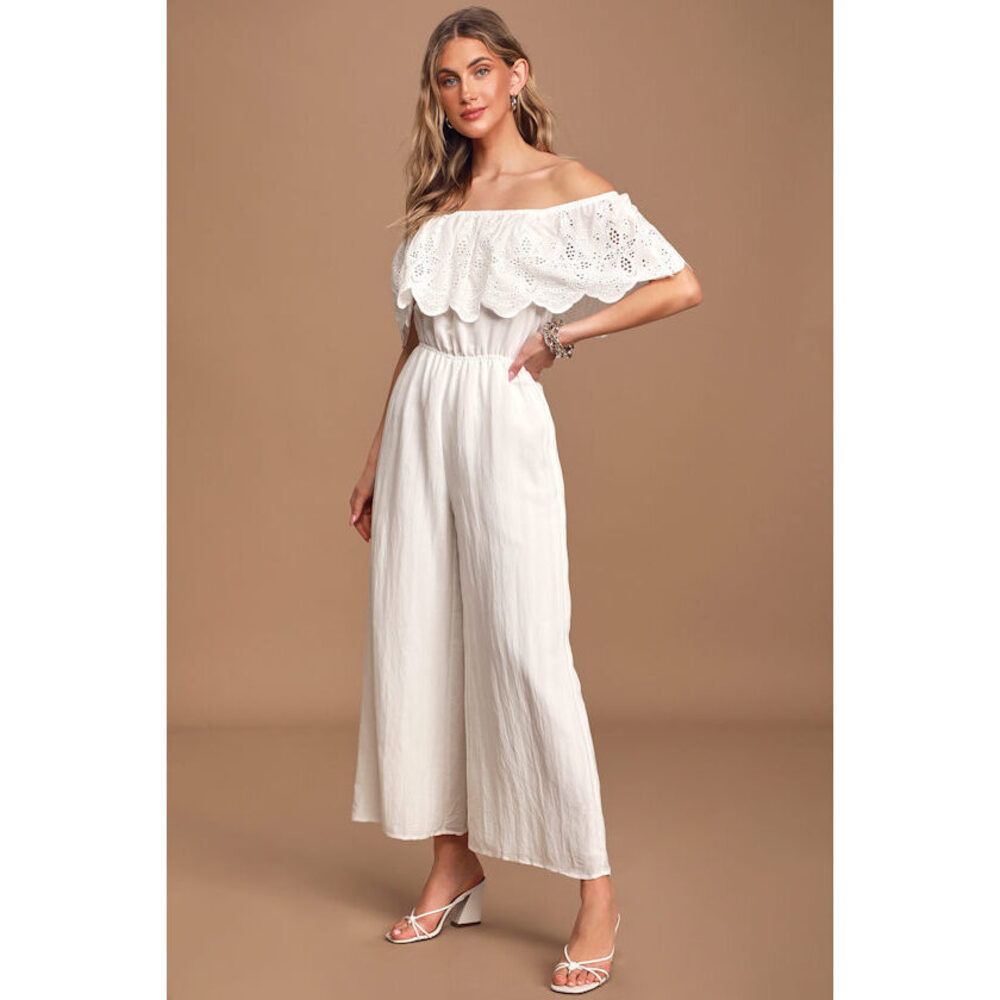 Lulus Catch A Breeze White Eyelet Lace Off-the-shoulder Jumpsuit - Size S